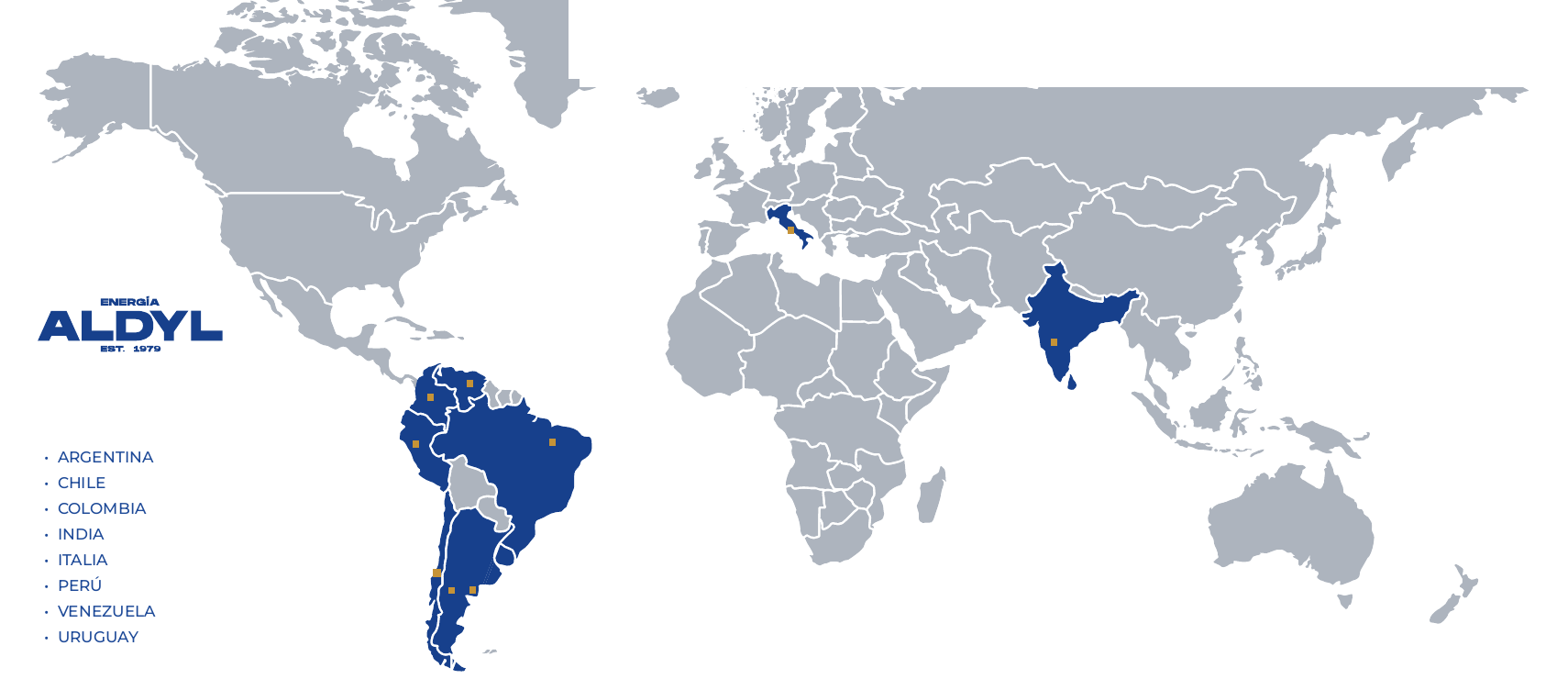Mapa de presencia regional de Aldyl: Argentina, Chile, Colombia, India, Italia, Perú, Venezuela y Uruguay